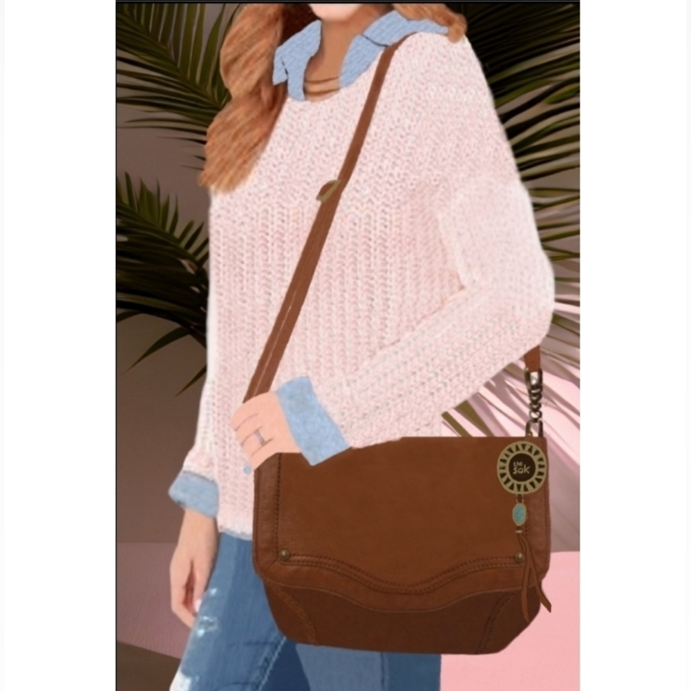 The Sak " Tahoe" Womens Hobo Messenger Bag Camel Leather  Shoulderbag/ Crossbody
